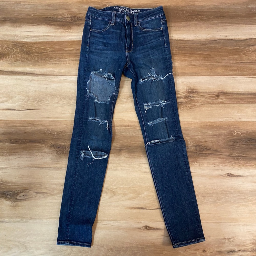 American Eagle Jeans‎ 00 Distressed Ripped Super Stretch Skinny Jeans Dark Wash